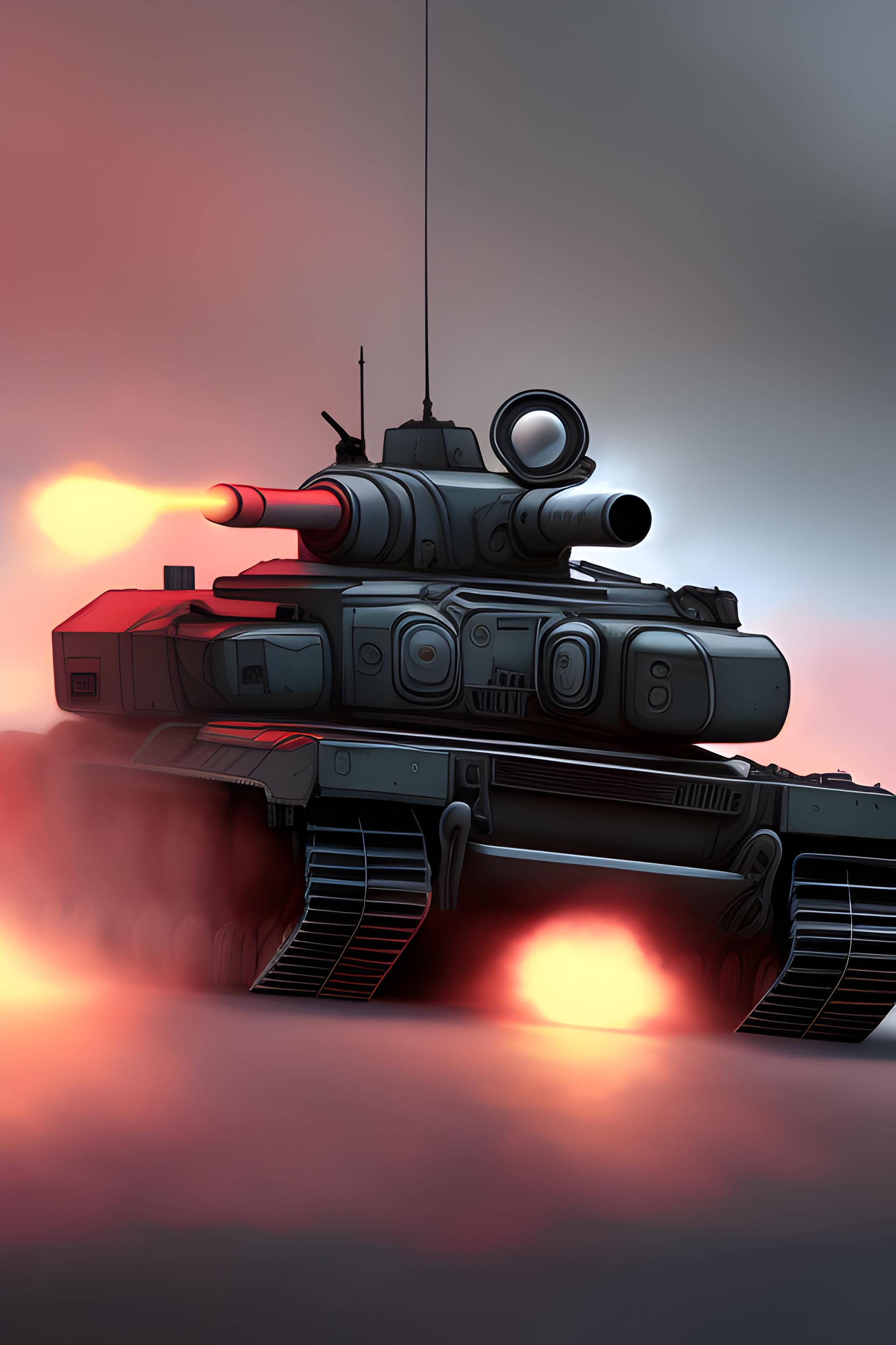 La tourelle d'un T-90a dans le noir avec seulement les shtora-1 rouges qui ressortent et le bout du cannon